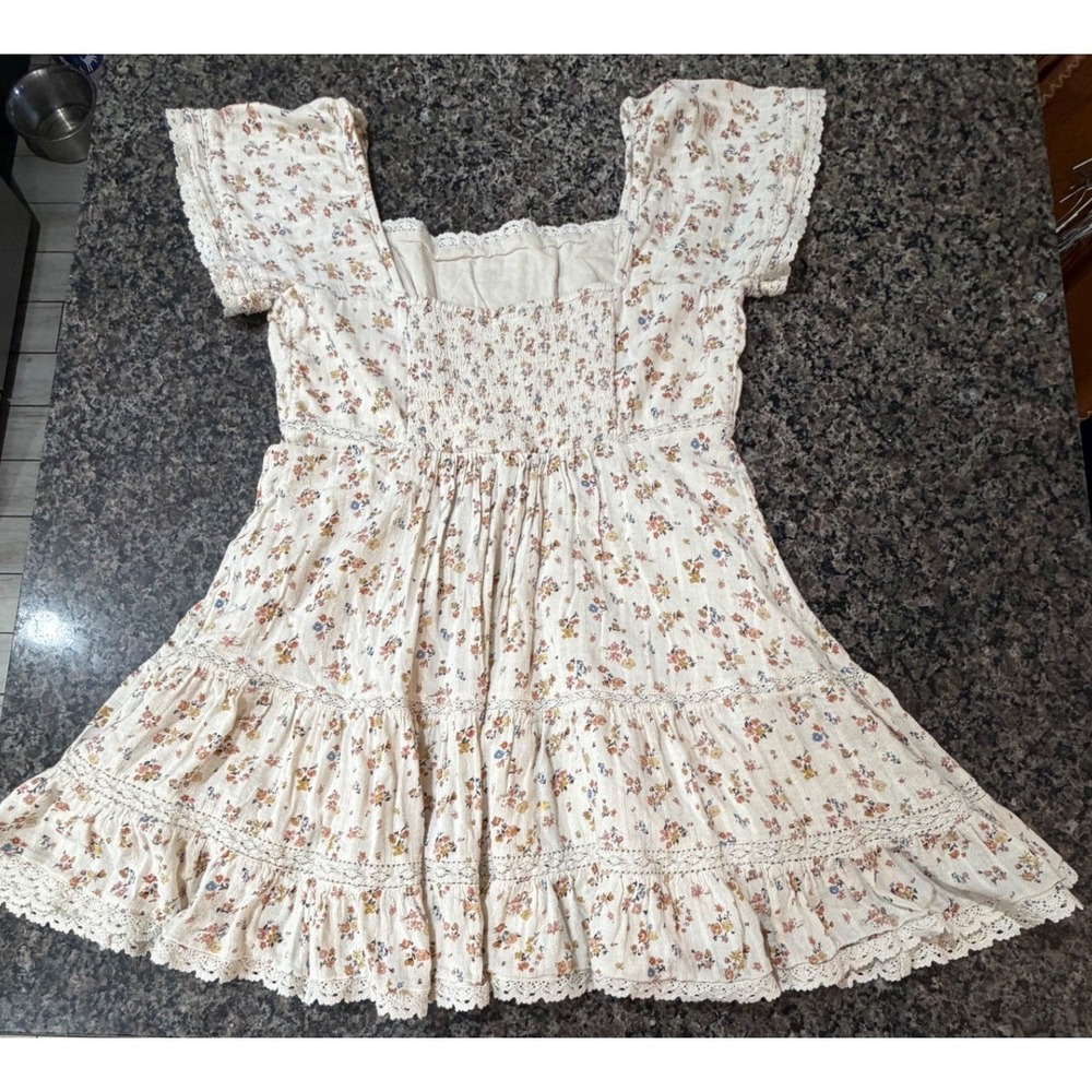American Eagle Ditsy Floral Lace Trim Tiered Mini Dress Cream Womens Large - Picture 2 of 10